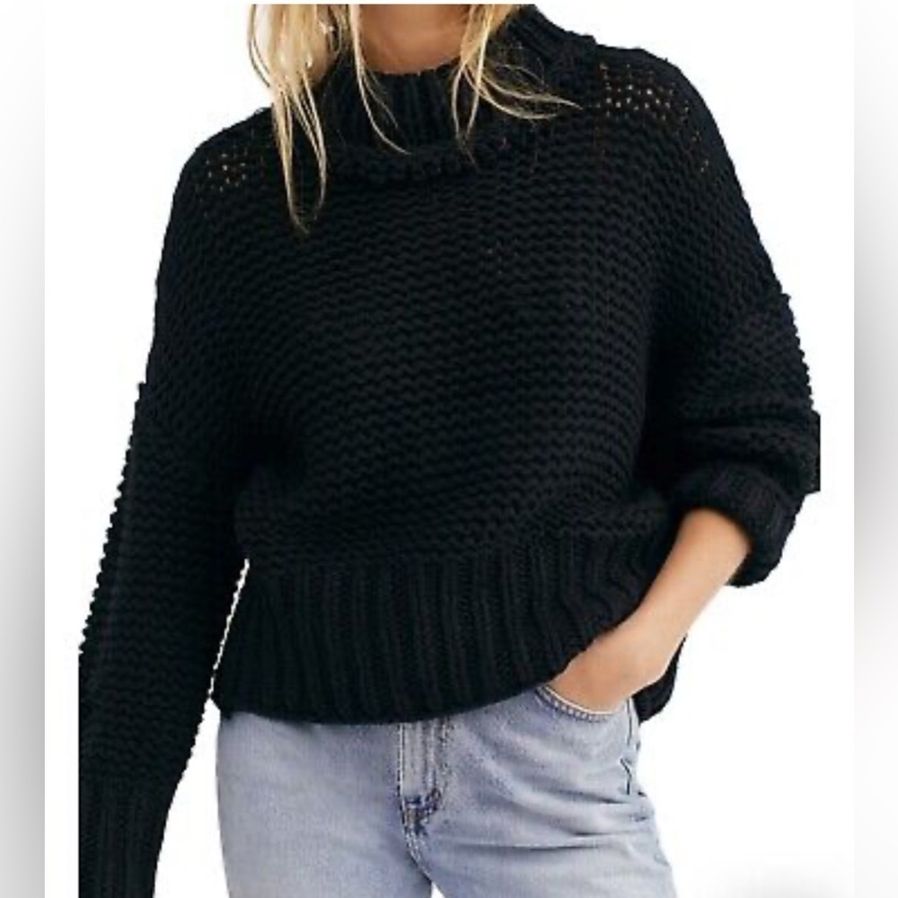 Free People Black Loose Knit High Neck Cotton Blend Sweater - size S